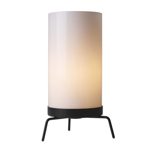 PM-02 bordlampe, i sort lakeret stål og opal cylinderformet glas