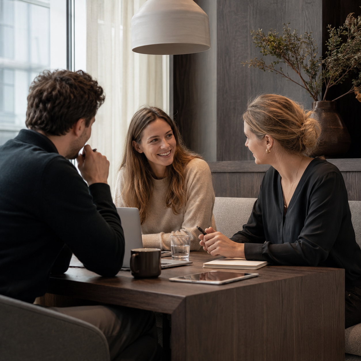 Samtale mellem 3 mennesker ved mørkt bord