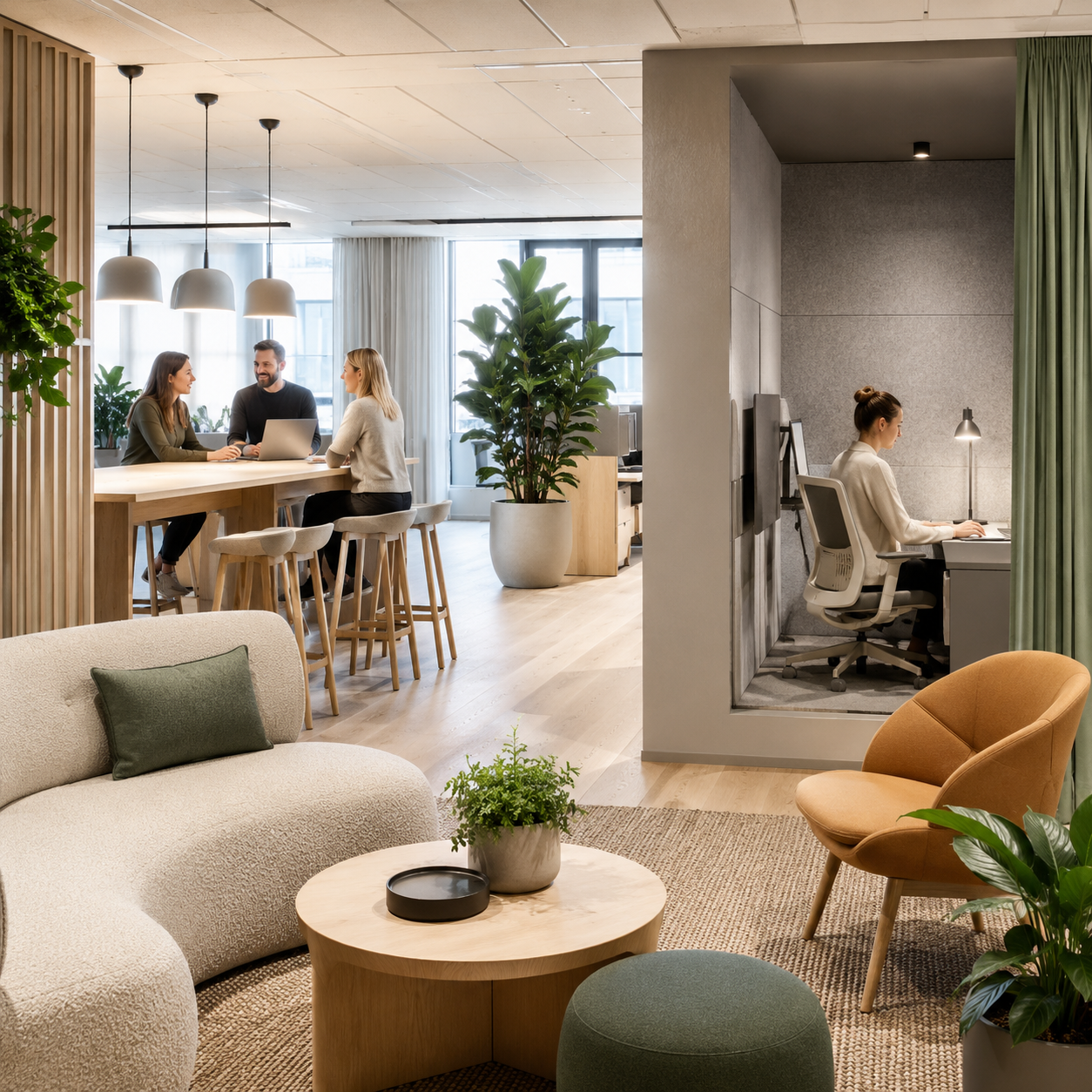 Storrumskontor inddelt i arbejdszoner i moderne lyse farver