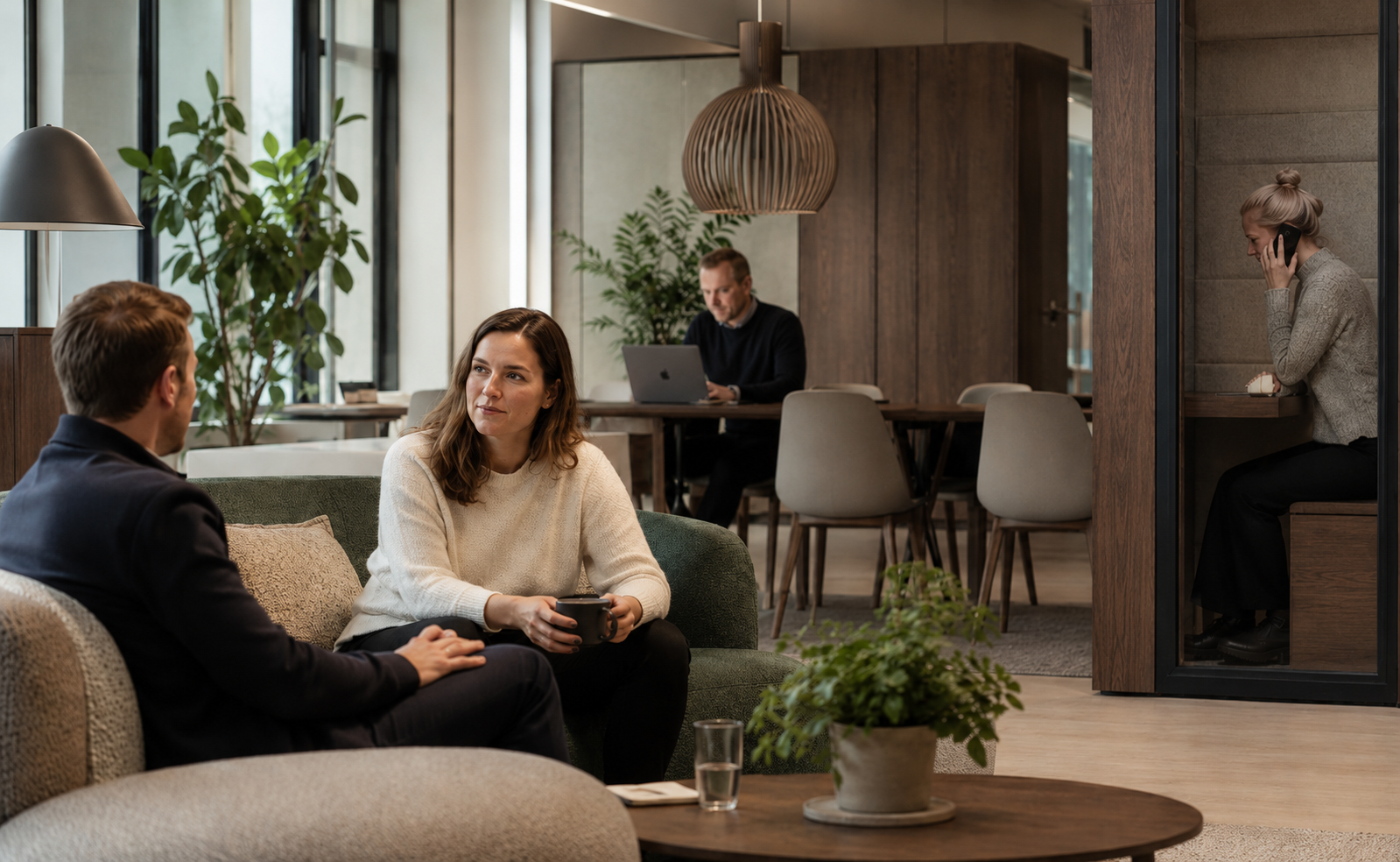 Kontormiljø inddelt efter aktivitetsbaseret indretning i mørke egenuancer