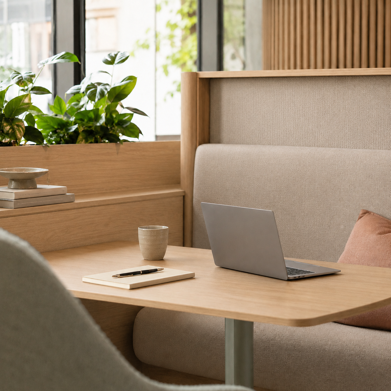 Loungesofa og bord med computer