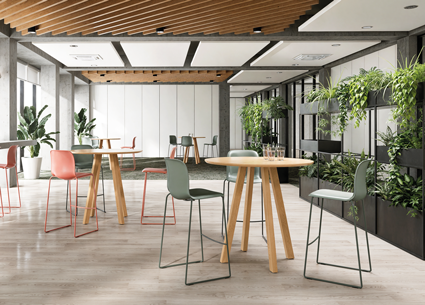 Domicil indrettet med barstole, borde og plantereoler