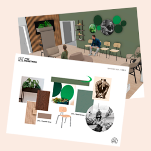 3D tegning af indretning med skranke