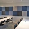 AKUPRO design vægpanel, blå/brune toner, indretning med funktion, akustik, kan anvendes til indretning af kantine eller alrum i institutioner eller private virksomheder